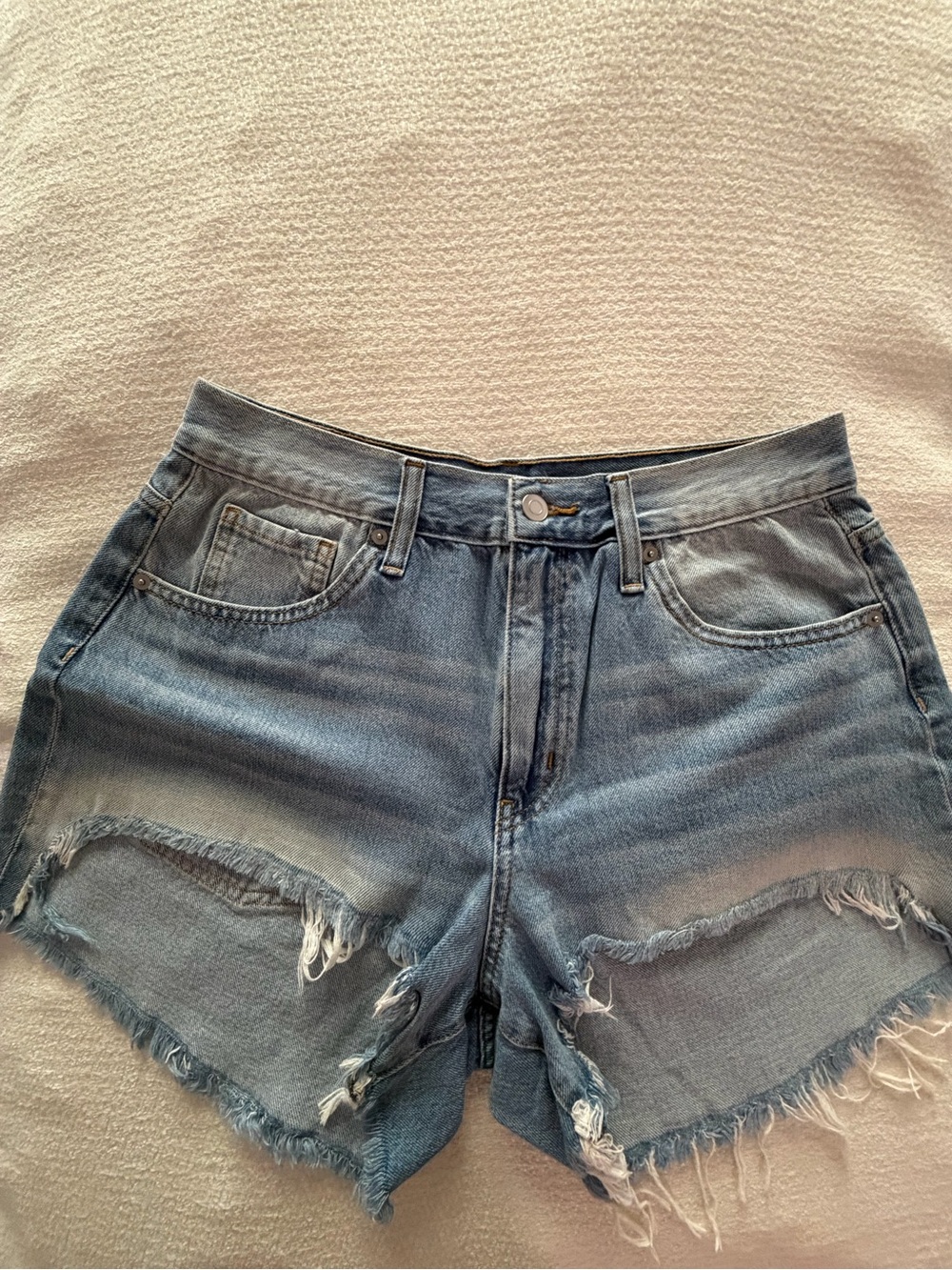 Fashion Nova Light Blue Distressed High-Rise Jean Shorts